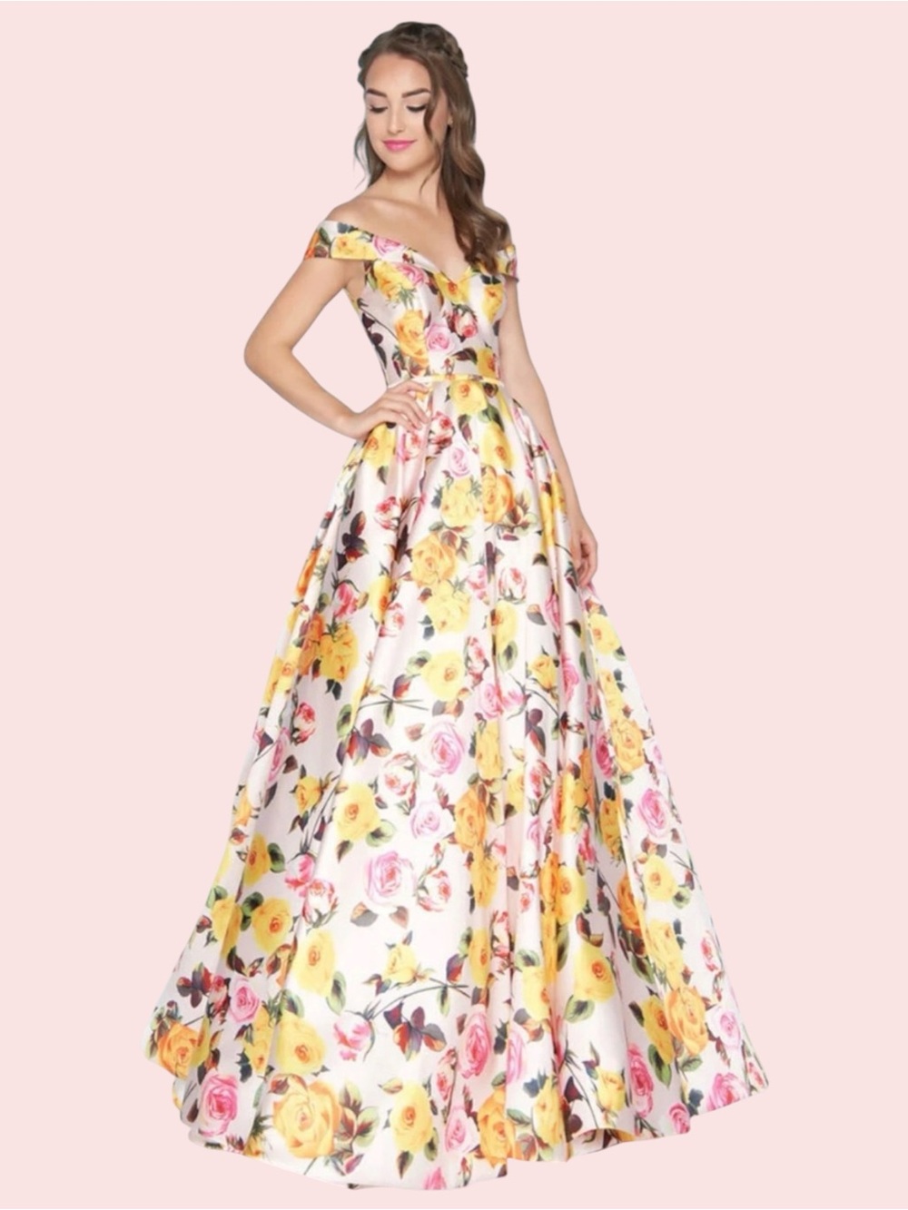 Jovani Renaissance Floral Print Ball Gown Size 4 Pink Yellow Rose Formal Prom